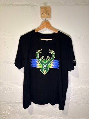 Milwaukee Bucks New Era Black T-Shirt with Blue and Green Deer Logo